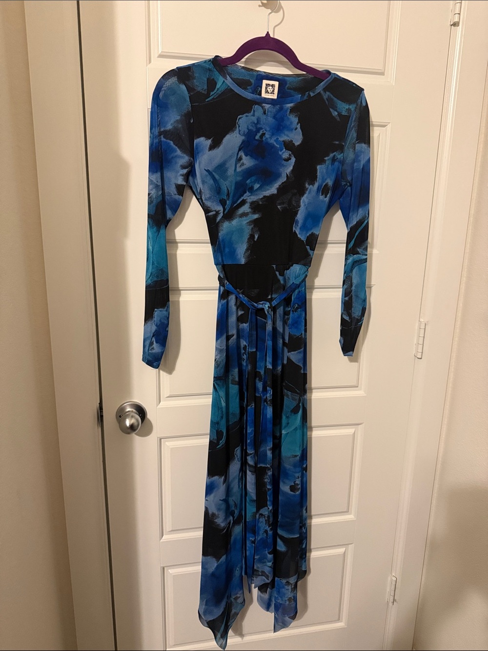 Anne Klein Blue & Black Abstract Long-Sleeve Maxi Dress